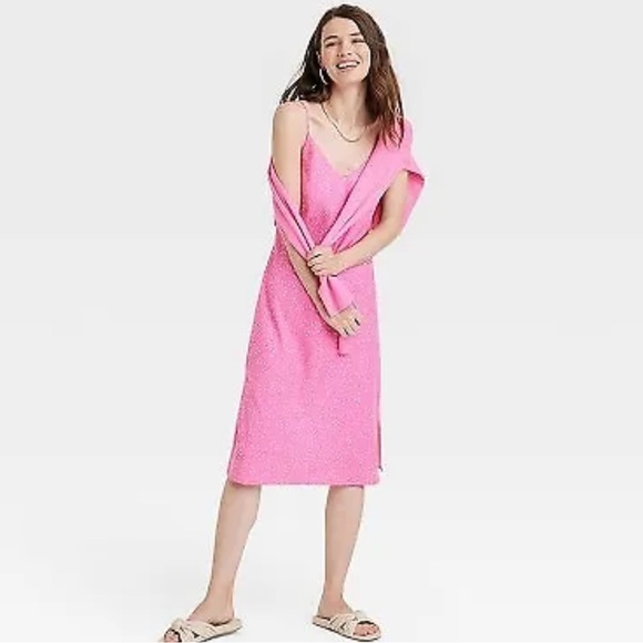 NWT A New Day Pink Polka Dot V-Neck Midi Dress Size Medium - Picture 2 of 2